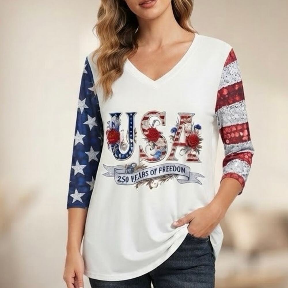 NWOT USA 250 Years of Freedom Patriotic V-Neck Tee Long Sleeve Shirt XL